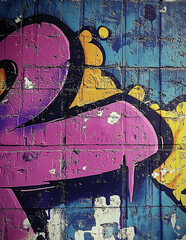 Purple and orange graffiti art on a textured wall displays vibrant urban street style
