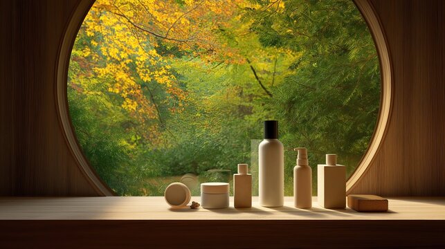 Fototapeta Luxury minimalist skincare set on wooden counter with forest view through round window. Warm autumn light, elegant textures, and peaceful spa mood evoke natural wellness and eco-conscious beauty.