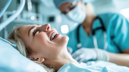 Fototapeta premium A joyful patient smiles at a caring nurse in a hospital room, reflecting hope and compassion in a healthcare environment, showcasing the importance of support and empathy in healing.