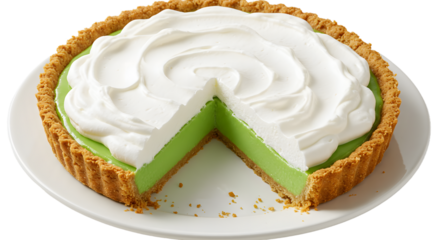 A delicious slice of key lime pie with whipped cream, showcasing a vibrant green filling and a golden crust, perfect for dessert lovers