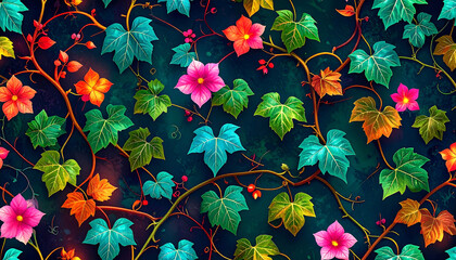 Vivid, vibrant floral vine pattern on a dark background, featuring colorful leaves and flowers in a repeating design, with glowing accents