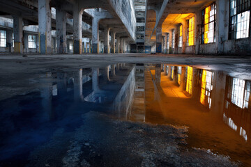 deserted factory at night illuminated by ultrabright neon accents