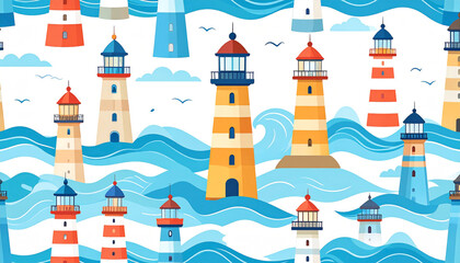 A repeating pattern of various lighthouses of different colors and styles, standing in stylized blue wavy ocean waters, interspersed with seagulls and small clouds