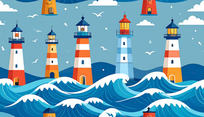 A vibrant, repeating pattern featuring various lighthouses of different designs standing amidst stylized ocean waves and seagulls against a light-blue sky