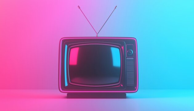 Vintage Television Antenna Receiver With Retro 80s Vibes: Pink Blue Gradient Neon Light, Classic Tv Noise, And No Signal Aesthetic