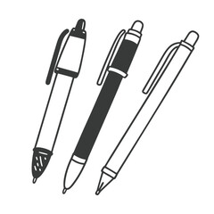Three monochrome pens, each different in style, are displayed against a transparent backdrop