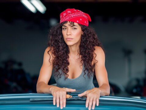 Female mechanic with curly hair and red bandana leans on car hood in garage, showcasing automotive skills and confidence in a professional environment