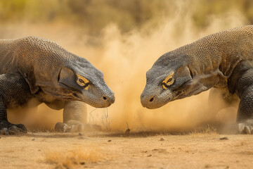 Komodo Dragons Confronting Each Other Peacefully