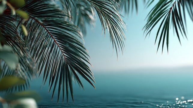 Minimal tropical background with palm leaves, blurred ocean and sky gradient behind