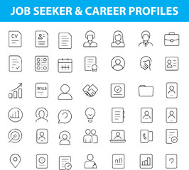 Job Seeker Line Icons,  Resume, Interview, Suitcase, Job Search, Application, Briefcase, Profile, Career Growth, Provided in editable AI, EPS, JPG and transparent PNG formats for both web and print us