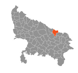 Balrampur District Highlighted in Uttar Pradesh State Map of India