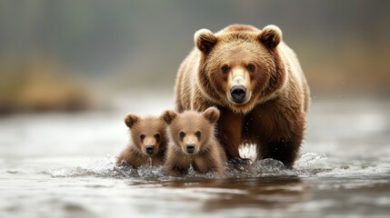 Obraz premium A mother bear wades through water with her two playful cubs, symbolizing family bonds in nature and showcasing the beauty of wildlife and the innocence of young creatures.