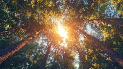 Sunlight streams through redwood forest canopy