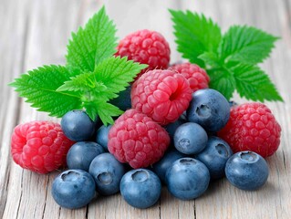 Fresh assortment of vibrant blueberries and raspberries with green mint leaves arranged on rustic wooden surface, showcasing natural colors and textures of healthy fruits