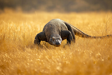 Komodo Dragon Walking into Tall Grass