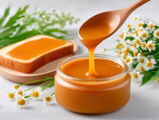 Golden honey dripping from a wooden spoon into a glass jar, with a slice of bread and fresh flowers in the background, creating a warm and inviting breakfast scene