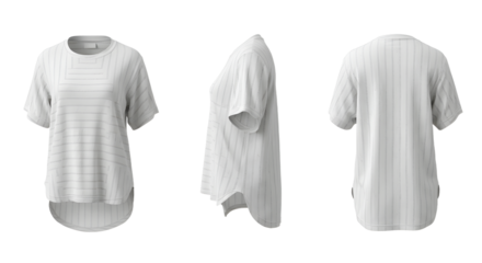 A minimalist white striped t-shirt displayed from multiple angles on a neutral background, ideal for fashion catalogues
