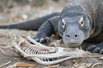 Komodo Dragon in the Wild with Bones Nearby