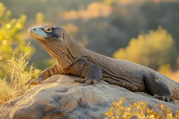 Wild Komodo Dragon Basking on Rock in Sunlight