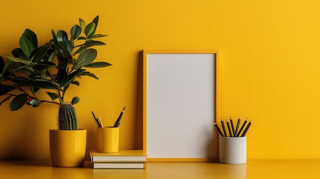 A lively workspace featuring a yellow wall, potted plants, blank picture frame, and stationery, creating an uplifting and inspiring environment for creativity.