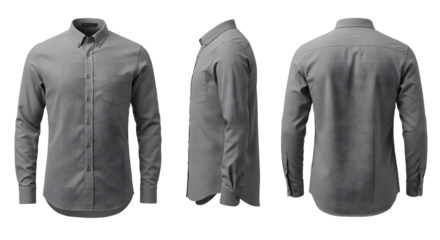 A sleek gray long-sleeve shirt displayed from multiple angles, showcasing its design and fabric texture against a neutral background