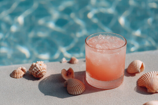 refreshing cocktail named sea joy placed beside crystalclear pool adorned with seashells