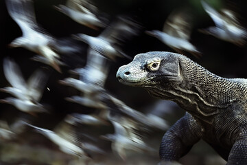 Komodo Dragon Startling Birds in Natural Habitat