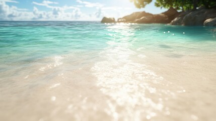 Fototapeta premium A tranquil seaside scene featuring transparent waters reflecting sunlight, perfect for evoking a sense of relaxation and escape in a tropical paradise setting.