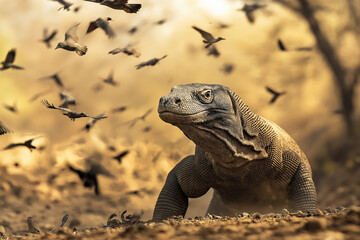 Komodo Dragon Causing Birds to Take Flight