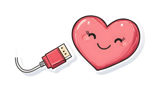 Digital Connection: A Sweet Heart Smiling as a USB Cable Extends Towards It