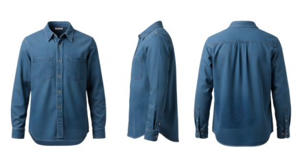 A stylish blue long-sleeve shirt displayed from multiple angles, showcasing its design and fabric texture against a neutral backdrop