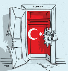 Turkey's path to freedom. A political illustration of a broken but locked door with the national flag. A metaphor for struggle and hope.