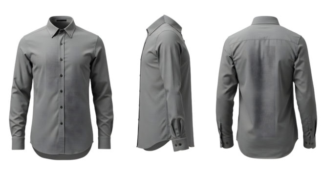 A stylish gray long-sleeve shirt displayed from three angles, showcasing its design and fabric texture against a plain background