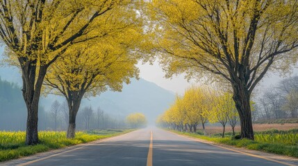 Fototapeta premium A serene country road lined with vibrant yellow trees