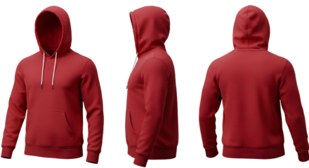 A stylish red hoodie displayed from multiple angles, showcasing its design and fit, ideal for casual wear in urban settings