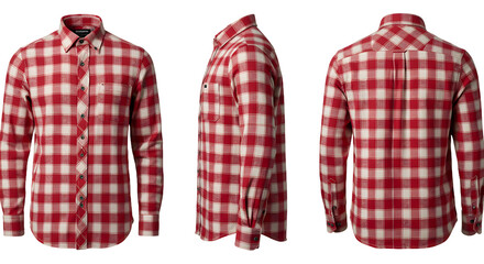 A stylish red and white checkered shirt displayed from three angles, showcasing its design and fabric texture, ideal for fashion use