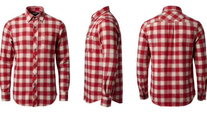 A stylish red and white checkered shirt displayed from three angles, showcasing its design and fabric texture, ideal for fashion use