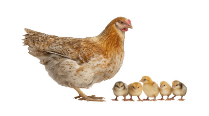 Fototapeta premium Mother hen caring for her adorable chicks against a bright white background in a charming display of nurturing wildlife