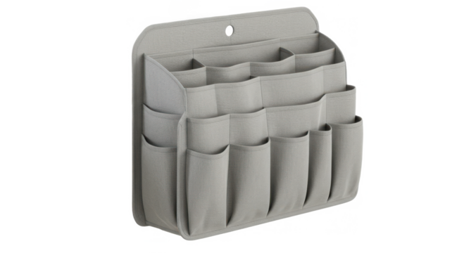 Wall-mounted gray organizer with multiple pockets for storage  