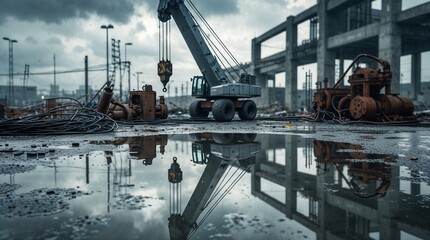 Naklejka premium Heavy machinery operates in an abandoned industrial site with puddles reflecting a cloudy sky