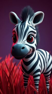 Cartoon zebra standing in vibrant red grass on purple background  