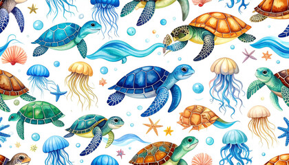 Vibrant watercolor seamless pattern featuring sea turtles of varying sizes and colors, jellyfish with flowing tentacles, starfish, and ocean waves on a white background