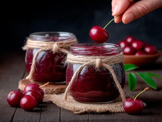 Jars of homemade cherry jam with fresh cherries on wooden table, hand placing cherry on top, showcasing delicious preserves and rustic kitchen atmosphere