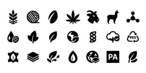 Material composition label glyph icon set. Vector pictograms of cotton, wool, silk, hemp, alpaca, cashmere, goat, textile, organic, natural, black sign silhouette illustration.
