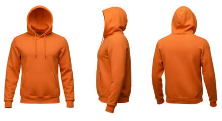 Bright orange hoodie displayed from multiple angles, highlighting its design and texture against a plain background