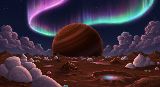 fantasy nighttime scene on a chocolate planet under glowing auroras