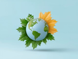 3D illustration of a globe surrounded by vibrant green leaves and autumn foliage, symbolizing environmental awareness and the beauty of nature's seasons and cycles