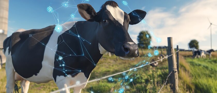 Cow in a field with overlayed technology