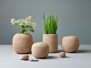 Obraz premium Decorative woven planters with greenery and flowers arranged on a minimalist table against a soft gray background, showcasing modern home decor and natural elements