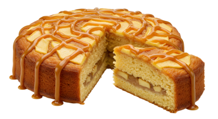 Delicious caramel apple cake with a golden crust, sliced to reveal layers of apple filling, set against a neutral background